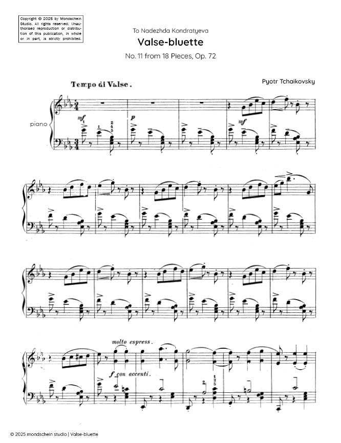 Tchaikovsky - Valse-bluette from 18 Pieces, Op. 72 No. 11 (PDF Sheet Music / Digital Download)