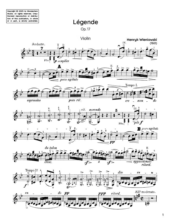 Wieniawski - Légende Op. 17 (PDF Sheet Music / Digital Download)