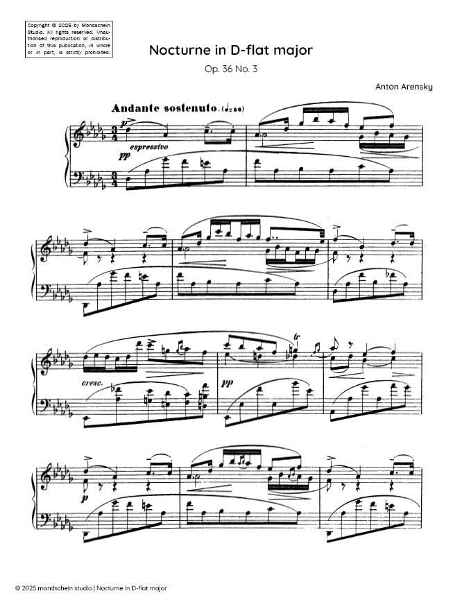 Arensky - Nocturne in D-flat major, Op. 36 No. 3 (PDF Sheet Music / Digital Download)