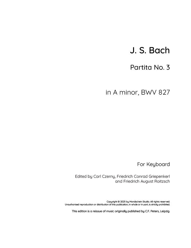 Bach - Partita No. 3 in A minor, BWV 827 (PDF Sheet Music / Digital Download)