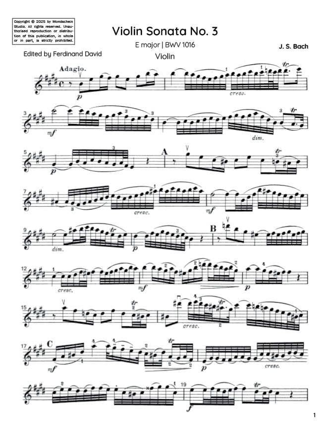 Bach - Violin Sonata No. 3 in E major for Violin and Harpsichord, BWV 1016 (PDF Sheet Music / Digital Download)
