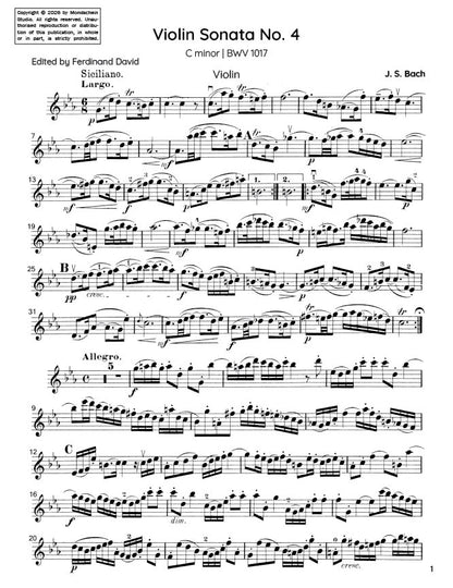Bach - Violin Sonata No. 4 in C minor for Violin and Harpsichord, BWV 1017 (PDF Sheet Music / Digital Download)