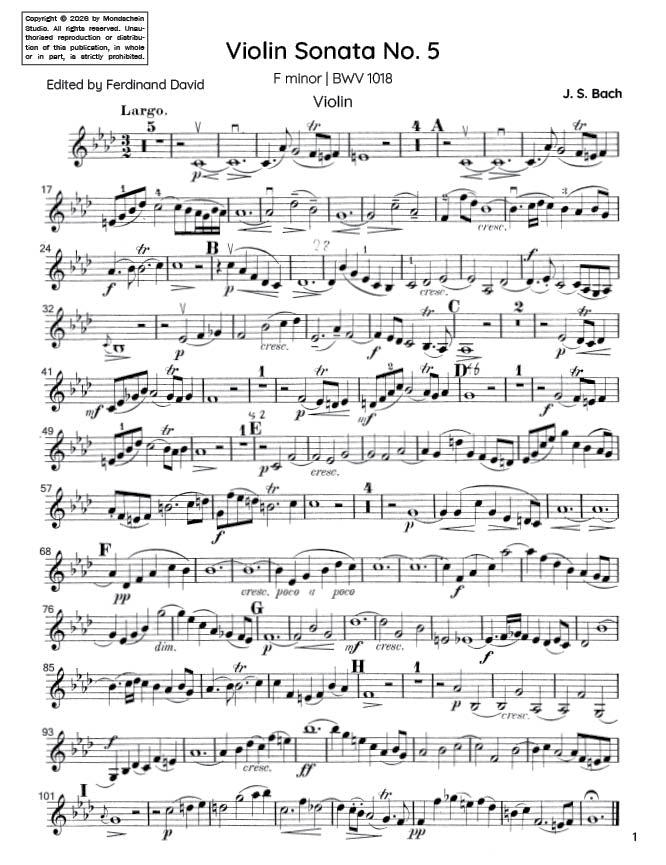 Bach - Violin Sonata No. 5 in F minor for Violin and Harpsichord, BWV 1018 (PDF Sheet Music / Digital Download)