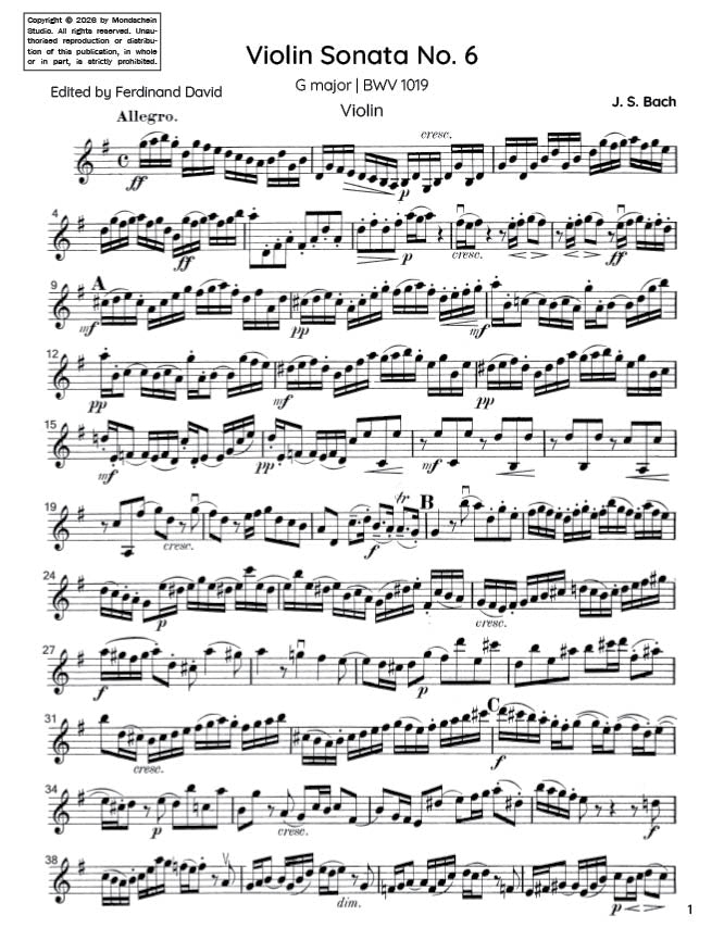 Bach - Violin Sonata No. 6 in G major for Violin and Harpsichord, BWV 1019 (PDF Sheet Music / Digital Download)