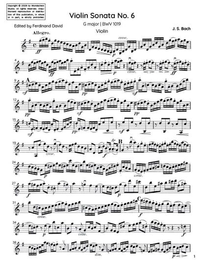 Bach - Violin Sonata No. 6 in G major for Violin and Harpsichord, BWV 1019 (PDF Sheet Music / Digital Download)