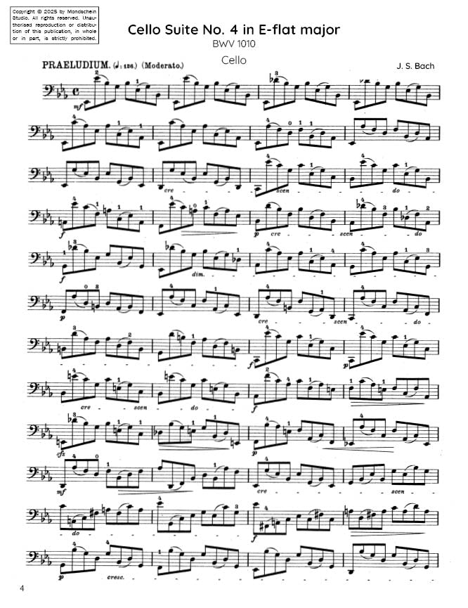 Bach - Cello Suite No. 4 in E-flat major, BWV 1010 (PDF Sheet Music / Digital Download)