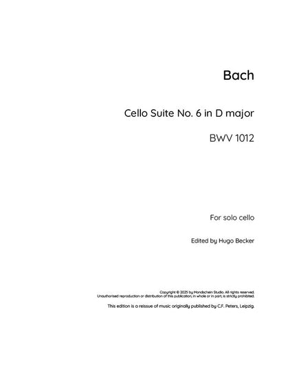 Bach - Cello Suite No. 6 in D major, BWV 1011 (PDF Sheet Music / Digital Download)