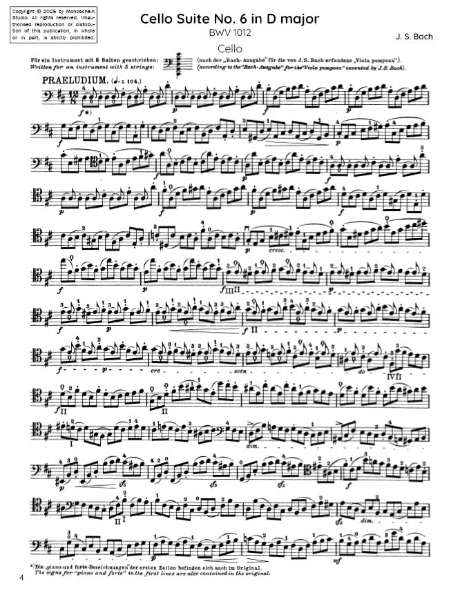 Bach - Cello Suite No. 6 in D major, BWV 1011 (PDF Sheet Music / Digital Download)