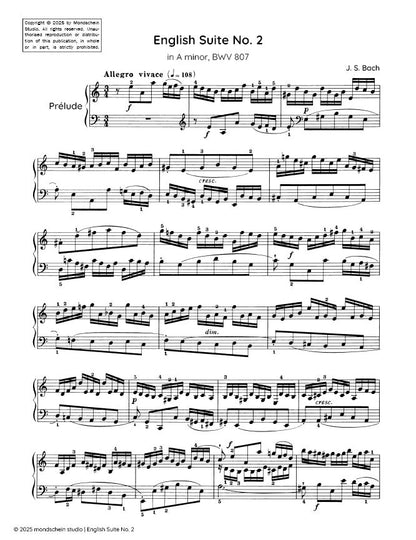 Bach - English Suite No. 2 in A minor, BWV 807 (PDF Sheet Music / Digital Download)