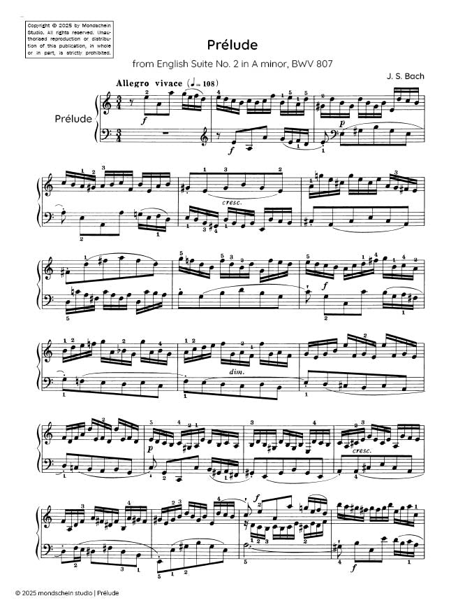 Bach - Prelude from English Suite No. 2 in A minor, BWV 807 (PDF Sheet Music / Digital Download)