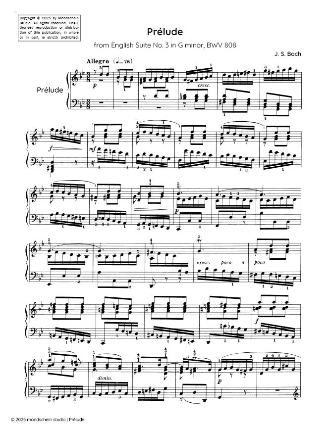 Bach - Prelude from English Suite No. 3 in G minor, BWV 808 (PDF Sheet Music / Digital Download)