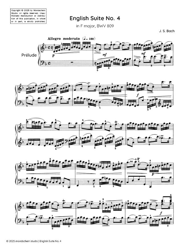 Bach - Suite anglaise n° 4 en fa majeur, BWV 809 (partition PDF / téléchargement numérique)
