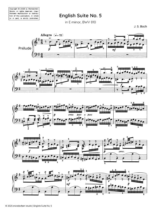 Bach - Suite anglaise n° 5 en mi mineur, BWV 810 (Partition PDF / Téléchargement numérique)