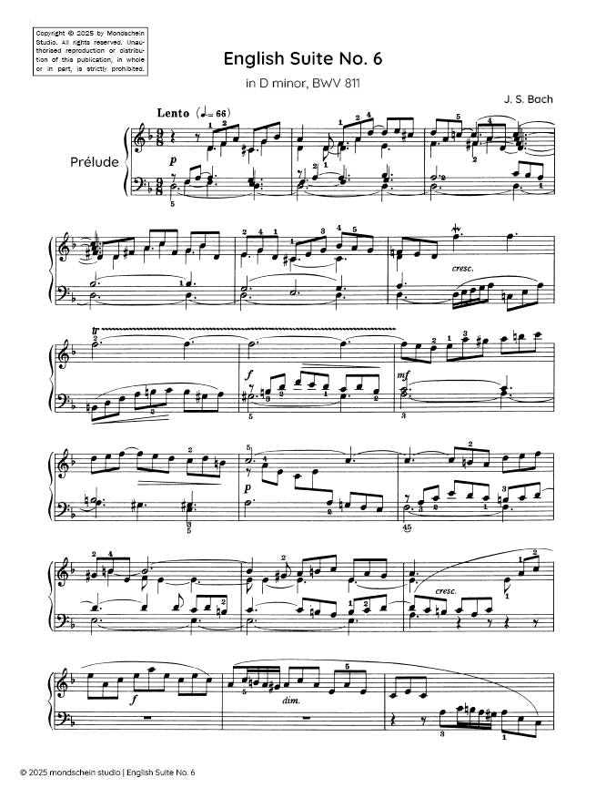 Bach - English Suite No. 6 in D minor, BWV 811 (PDF Sheet Music / Digital Download)