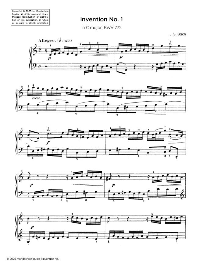 Bach - Invention No. 1 in C major, BWV 772 (PDF Sheet Music / Digital Download)