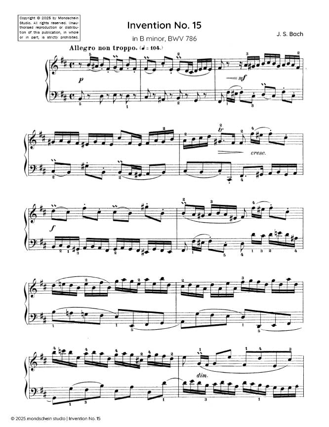 Bach - Invention No. 15 in B minor, BWV 786 (PDF Sheet Music / Digital Download)