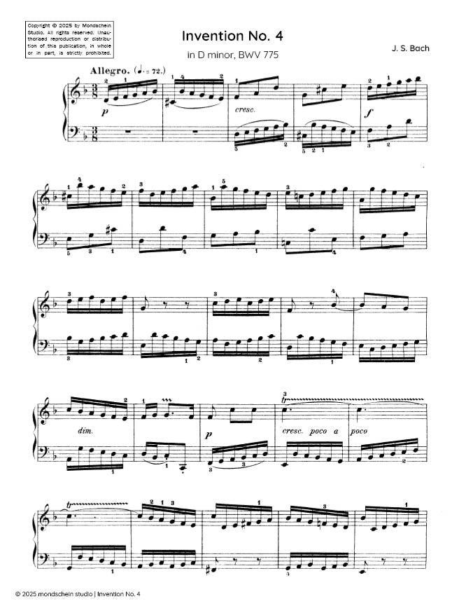 Bach - Invention No. 4 in D minor, BWV 775 (PDF Sheet Music / Digital Download)