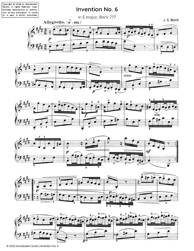 Bach - Invention No. 6 in E major, BWV 777 (PDF Sheet Music / Digital Download)