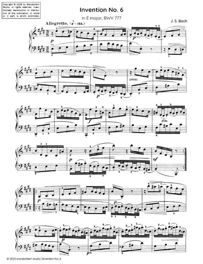 Bach - Invention No. 6 in E major, BWV 777 (PDF Sheet Music / Digital Download)
