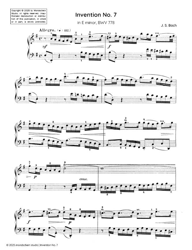 Bach - Invention No. 7 in E minor, BWV 778 (PDF Sheet Music / Digital Download)