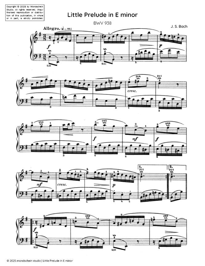 Bach - Little Prelude in E minor, BWV 938 (PDF Sheet Music / Digital Download)