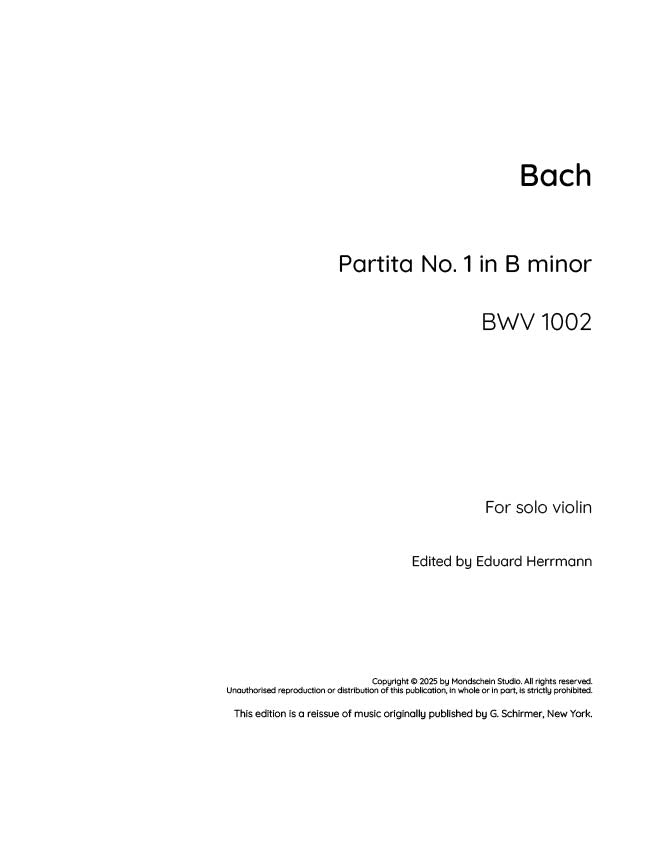 Bach - Partita No. 1 in B minor for Solo Violin, BWV 1002 (PDF Sheet Music / Digital Download)