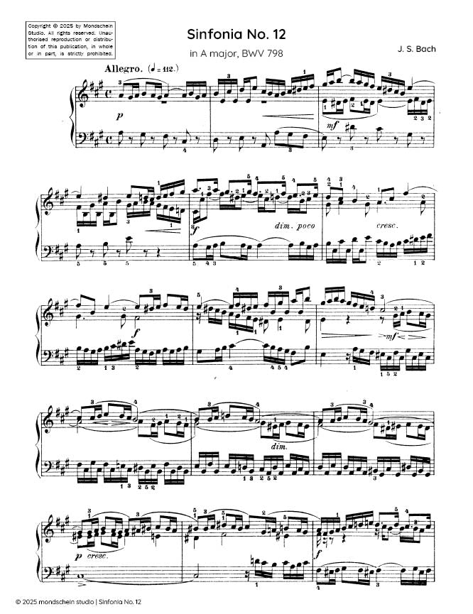 Bach - Sinfonia No. 12 in A major, BWV 798 (PDF Sheet Music / Digital Download)