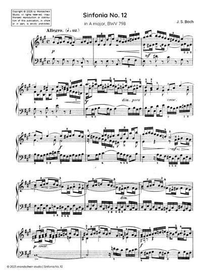 Bach - Sinfonia No. 12 in A major, BWV 798 (PDF Sheet Music / Digital Download)