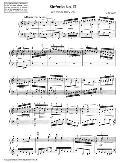 Bach - Sinfonia No. 13 in A minor, BWV 799 (PDF Sheet Music / Digital Download)