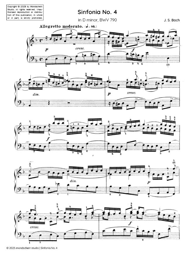 Bach - Sinfonia No. 4 in D minor, BWV 790 (PDF Sheet Music / Digital Download)
