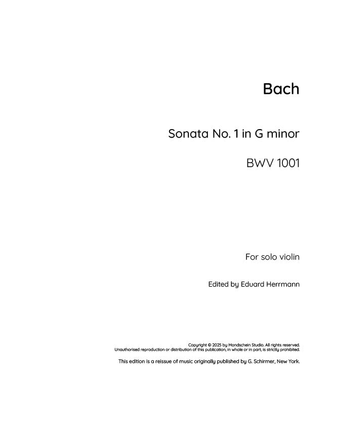 Bach - Sonata No. 1 in G minor for Solo Violin, BWV 1001 (PDF Sheet Music / Digital Download)