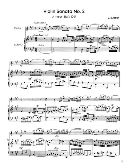Bach - Violin Sonata No. 2 in A major for Violin and Harpsichord, BWV 1015 (PDF Sheet Music / Digital Download)