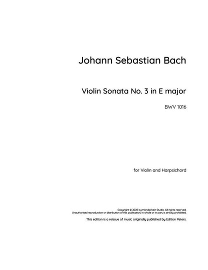 Bach - Violin Sonata No. 3 in E major for Violin and Harpsichord, BWV 1016 (PDF Sheet Music / Digital Download)