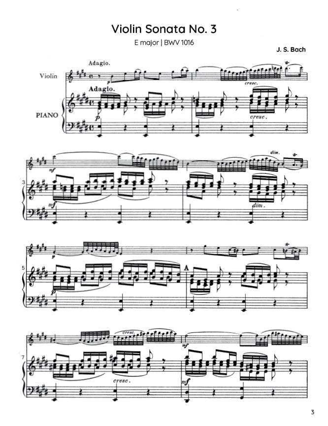 Bach - Violin Sonata No. 3 in E major for Violin and Harpsichord, BWV 1016 (PDF Sheet Music / Digital Download)