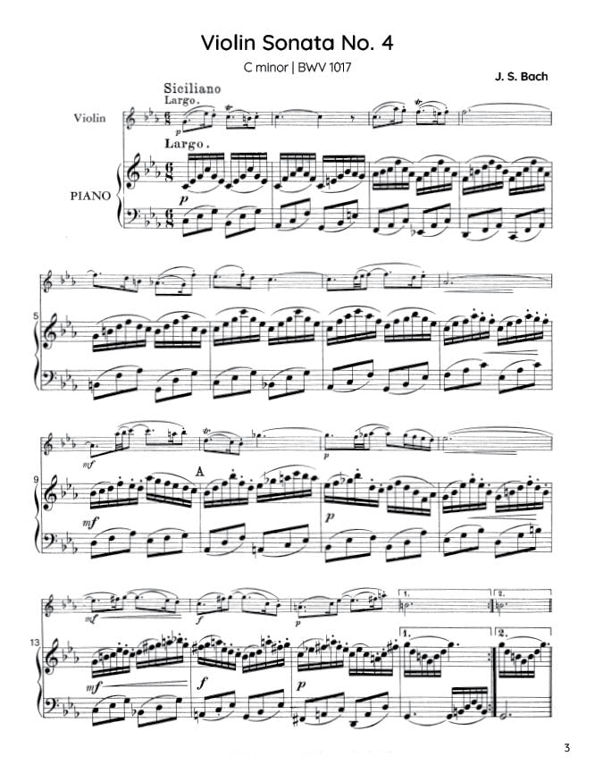 Bach - Violin Sonata No. 4 in C minor for Violin and Harpsichord, BWV 1017 (PDF Sheet Music / Digital Download)