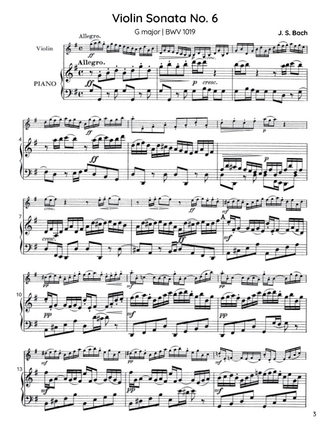 Bach - Violin Sonata No. 6 in G major for Violin and Harpsichord, BWV 1019 (PDF Sheet Music / Digital Download)