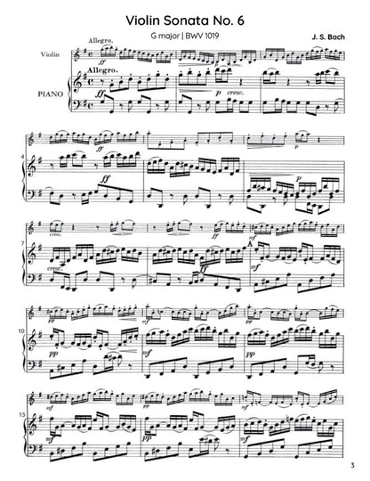 Bach - Violin Sonata No. 6 in G major for Violin and Harpsichord, BWV 1019 (PDF Sheet Music / Digital Download)