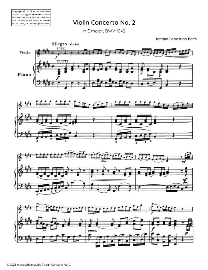 Bach - Violin Concerto No. 2 in E major, BWV 1042 (PDF Sheet Music / Digital Download)