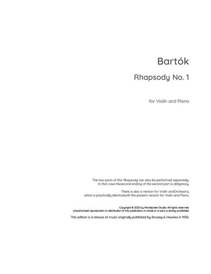 Bartók - Rhapsody No. 1 for Violin and Piano (PDF Digital Download)