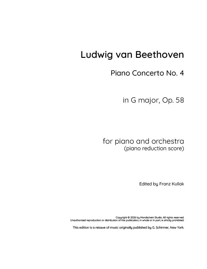 Beethoven - Piano Concerto No. 4 in G major (with Beethoven's Cadenzas), Op. 58 (PDF Sheet Music / Digital Download)