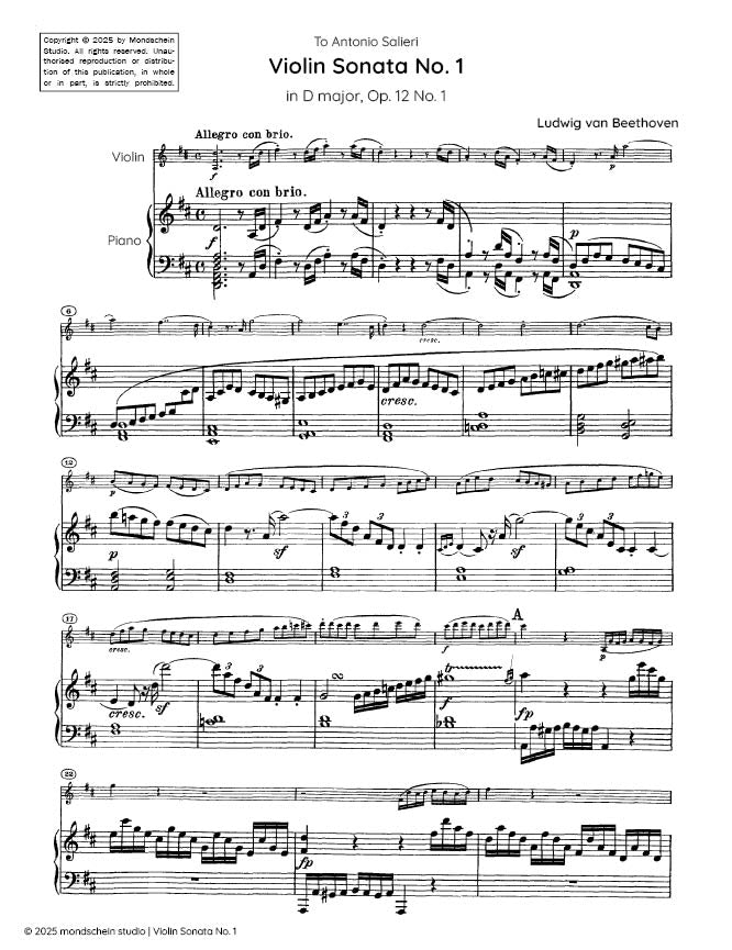 Beethoven - Violin Sonata No. 1 in D major, Op. 12 No. 1 (PDF Sheet Music / Digital Download)