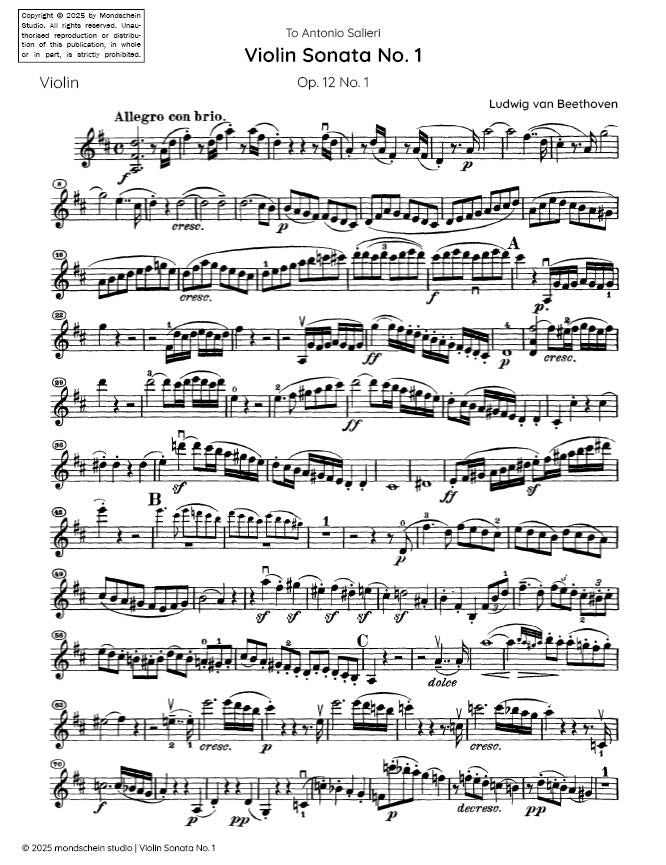 Beethoven - Violin Sonata No. 1 in D major, Op. 12 No. 1 (PDF Sheet Music / Digital Download)