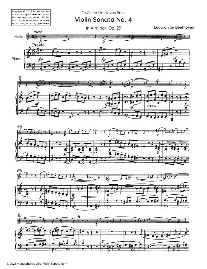 Beethoven - Violin Sonata No. 4 in A minor, Op. 23 (PDF Sheet Music / Digital Download)