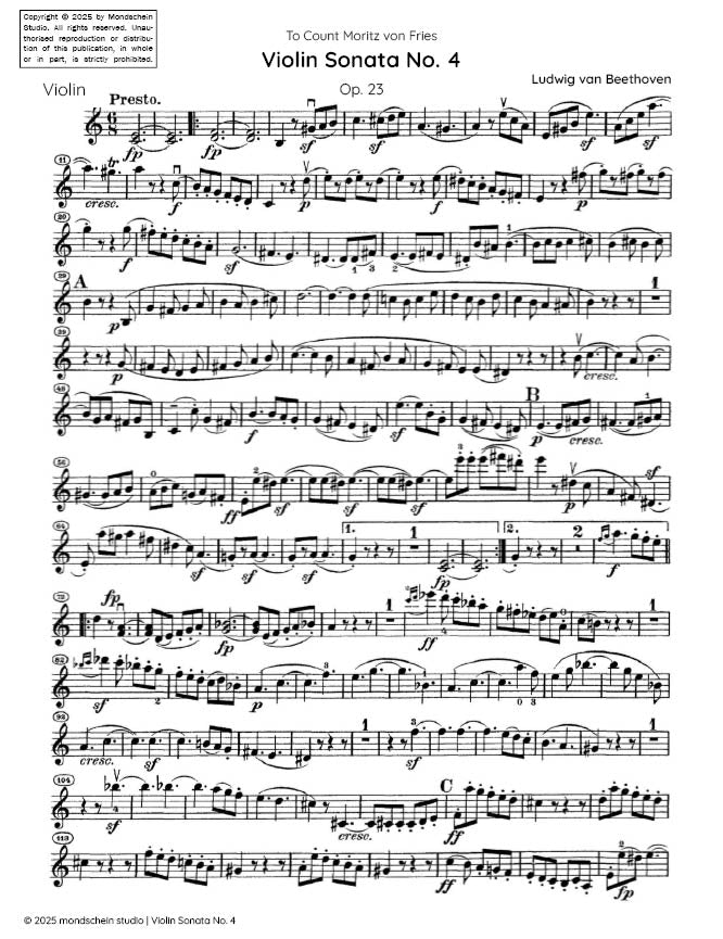 Beethoven - Violin Sonata No. 4 in A minor, Op. 23 (PDF Sheet Music / Digital Download)