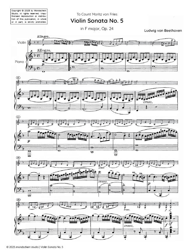 Beethoven - Violin Sonata No. 5 in F major "Spring", Op. 24 (PDF Sheet Music / Digital Download)