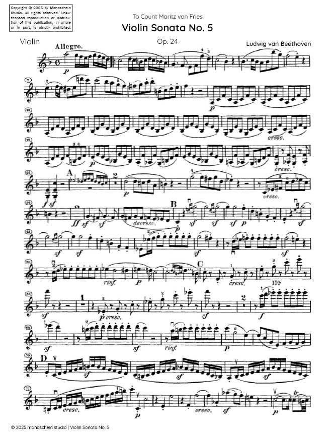 Beethoven - Violin Sonata No. 5 in F major "Spring", Op. 24 (PDF Sheet Music / Digital Download)