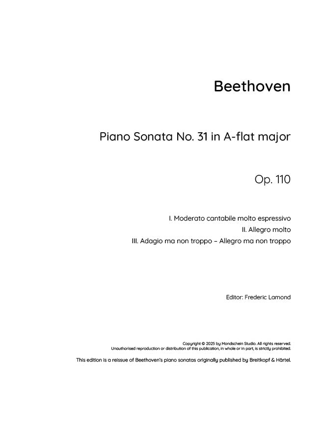 Beethoven - Piano Sonata No. 31, Op. 110 (PDF Sheet Music / Digital Download)