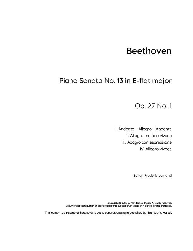 Beethoven - Piano Sonata No. 13, Op. 27 No. 1 (PDF Sheet Music / Digital Download)