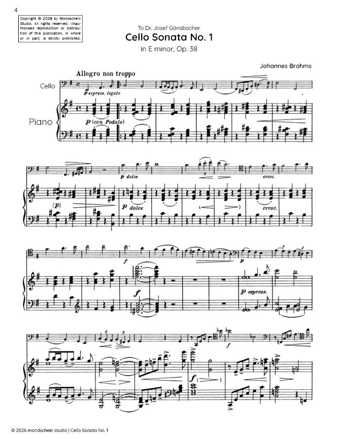 Brahms - Cello Sonata No. 1 in E major, Op. 38 (PDF Sheet Music / Digital Download)