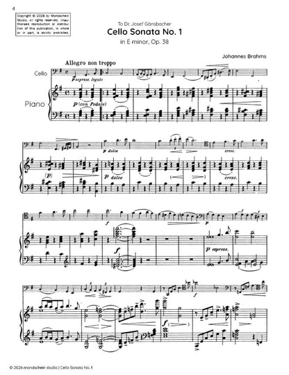 Brahms - Cello Sonata No. 1 in E major, Op. 38 (PDF Sheet Music / Digital Download)